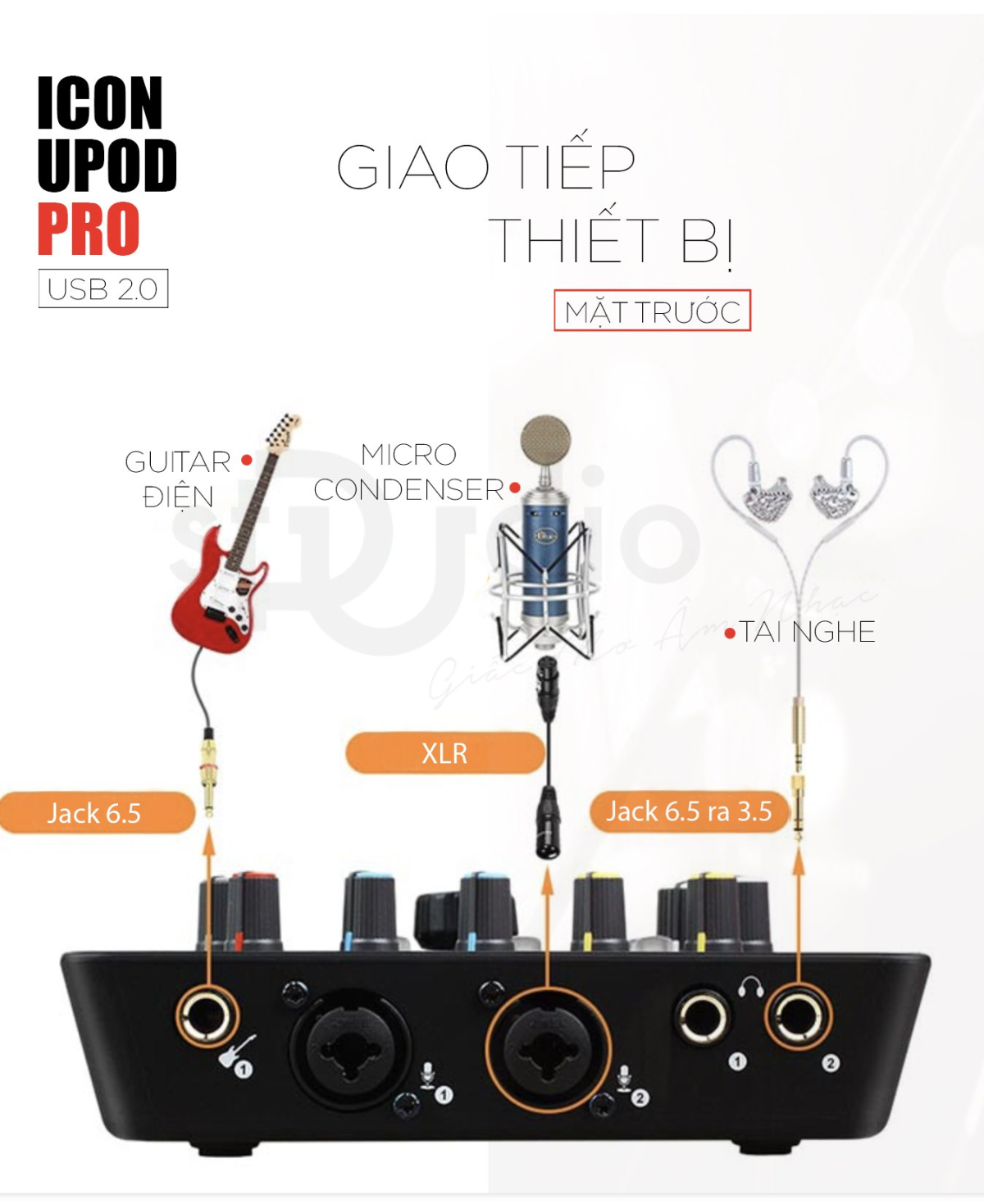 Sound card thu âm này cũng hỗ trợ một ngõ vào trở kháng cao dành cho nhạc cụ như ghita, bass. Trở kháng ngõ vào cao giúp cho tín hiệu được toàn vẹn và dĩ nhiên âm lượng vẫn được điều chỉnh một cách độc lập. Mặt sau của thiết bị được bố trí đầy đủ các kết nối, cổng USB Type-B được kết nối với máy tính, cable này hỗ trợ việc truyền dữ liệu từ máy tính đến sound card và ngược lại,  chủ yếu dùng vào việc gửi lệnh điều khiển và lưu lại bản thu âm vào máy tính.