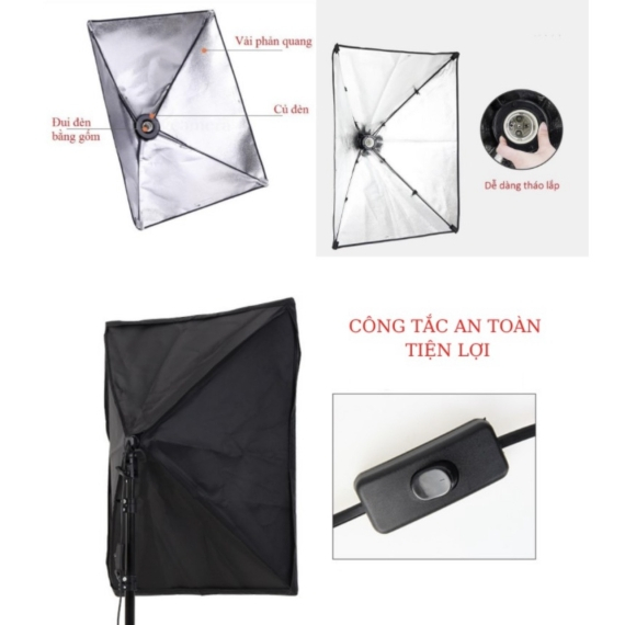 Bộ đèn studio XT5A có remote - Kèm Softbox 50x70cm, chân đèn 2m, bóng led Bulb 150W